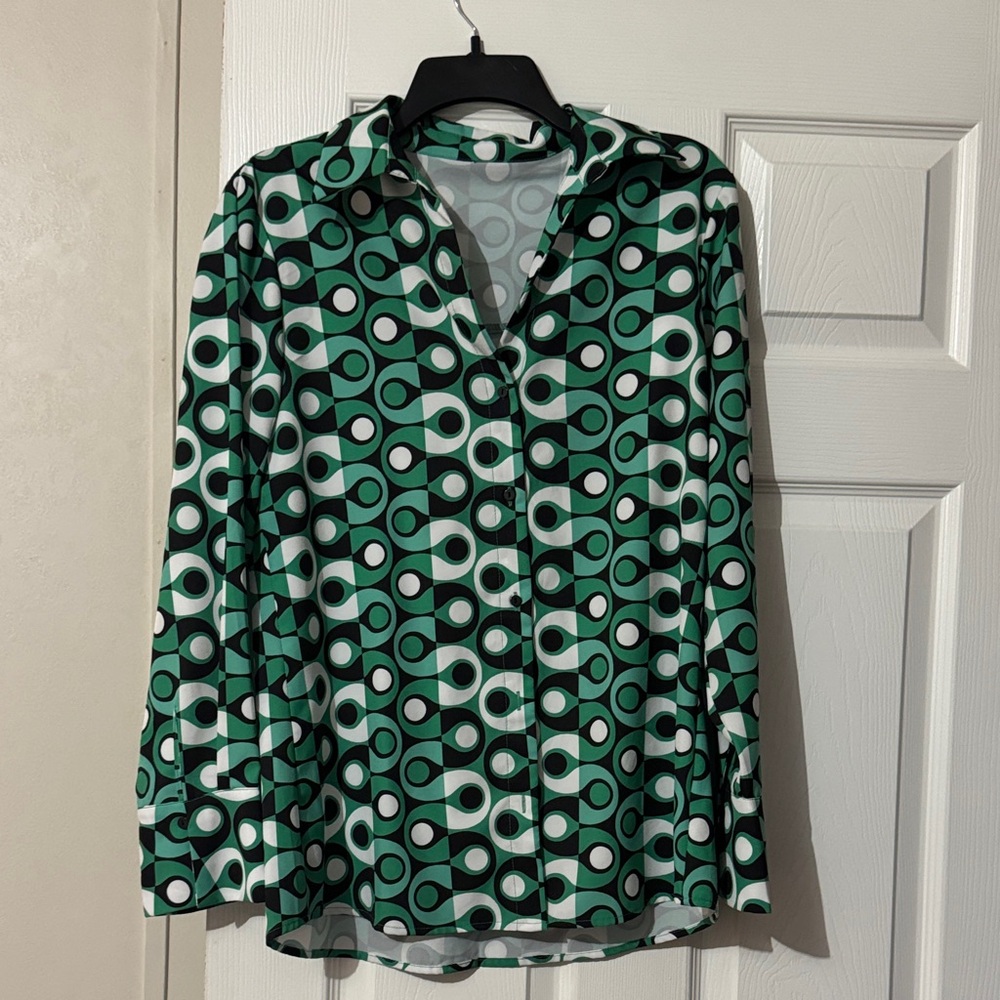 SHEIN Green and Black Geometric Blouse